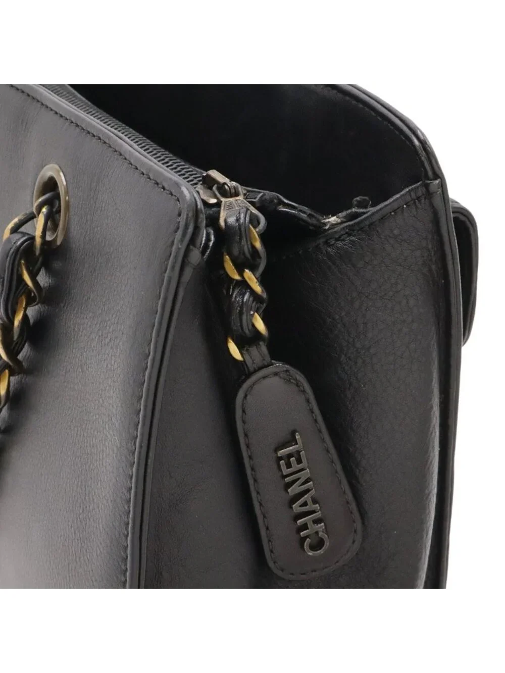 Chanel Chain Handle Tote Leather Black Gold Vintage
